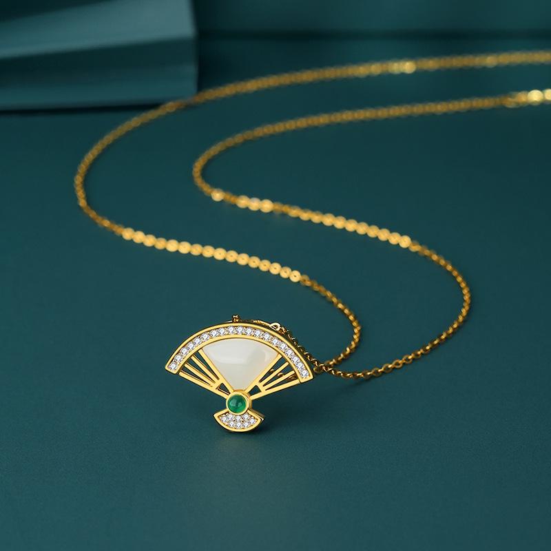 

Hetian Jade Pendant Folding Fan Necklace - Retro Ethnic Clavicle Chain for Women Sterling Silver (925)