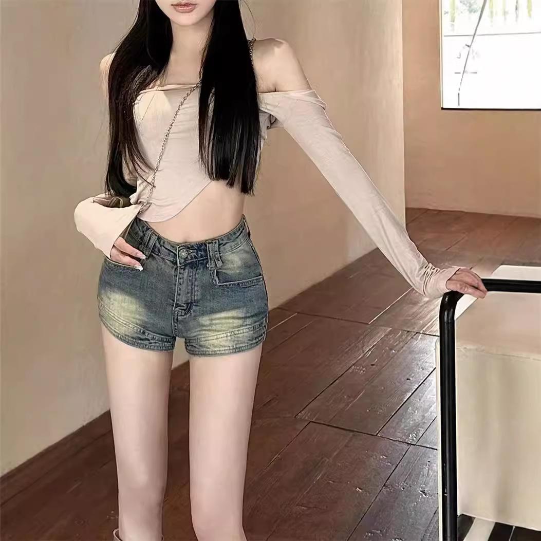 

Ретро джинсовые шорты для женщин летом тонкие сексуальные бедра и высокая талия утягивающие брюки А-силуэта XL