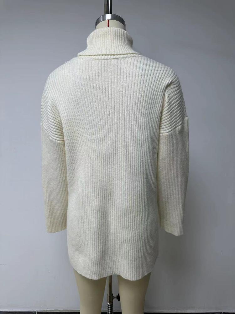 Autumn Winter Women's High Neck Oversized Pullover Split Long Sleeve High Neck Ribbed Knit Sweater Luxurious Relaxed-fit Slimming and Versatile Top