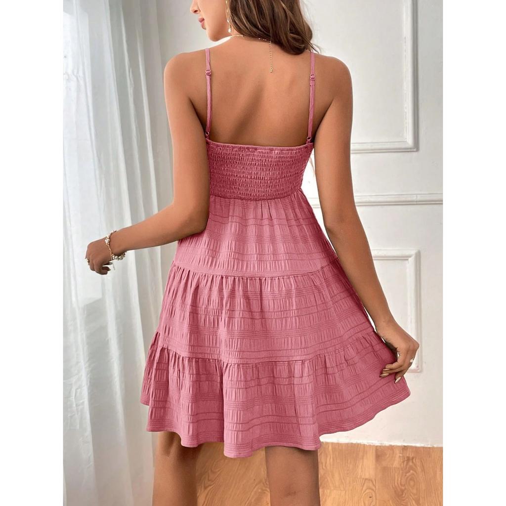 IHUASU Women's Summer One-line Neck Fine Strap Solid Color Matching Texture Dress