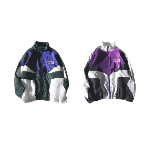 Men Jacket Color Block Hip Hop Zipper Autumn Letters Turndown Collar Coat Windbreaker Streetwear