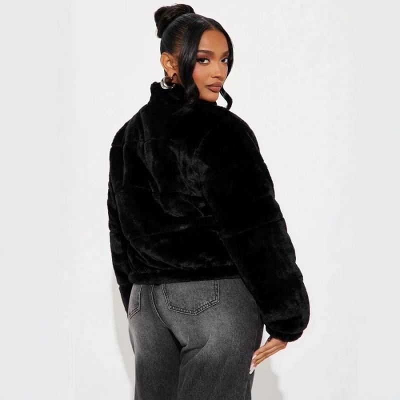 Womens Faux Fur Short Puffer Jacket With Stand Collar Warm Thick Fleece Lined Zip-Up Coat Winter