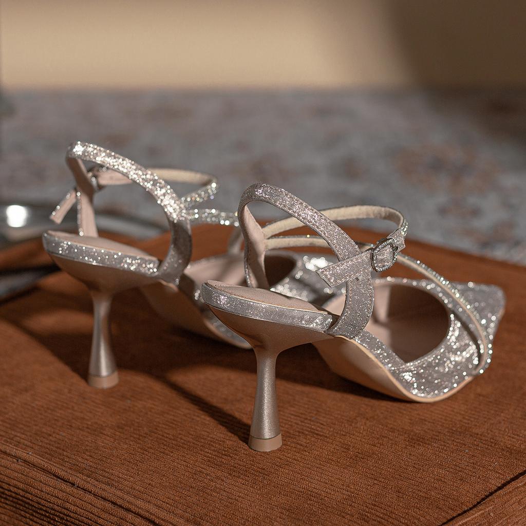 French 2025 New Champagne High Heels Single Women's Pointed Rhinestone Sparkling Sandals Princess Shoes