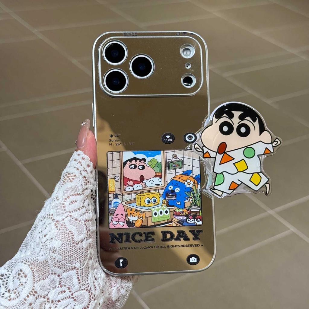Shin-chan Mirror Phone Case for iPhone 17 Pro Max/16 Pro/15 with Silver Edge