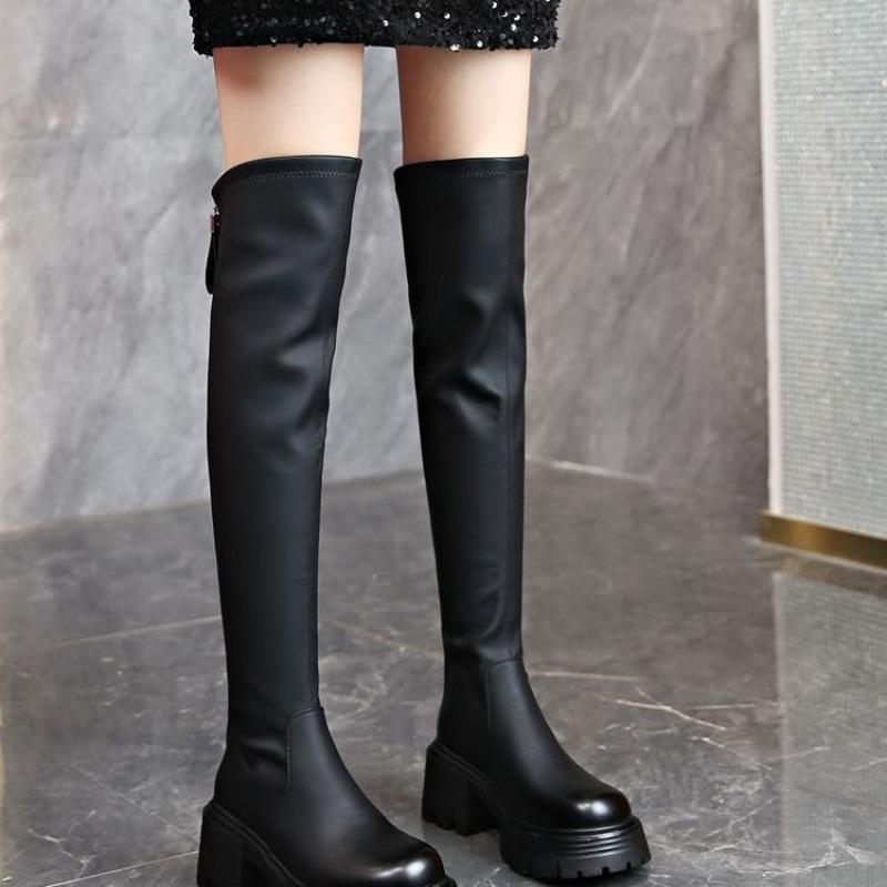 High-heeled Boot Women's Shoes - New Style Round-toe Tall Boots with Thick Heels, Versatile Shoes