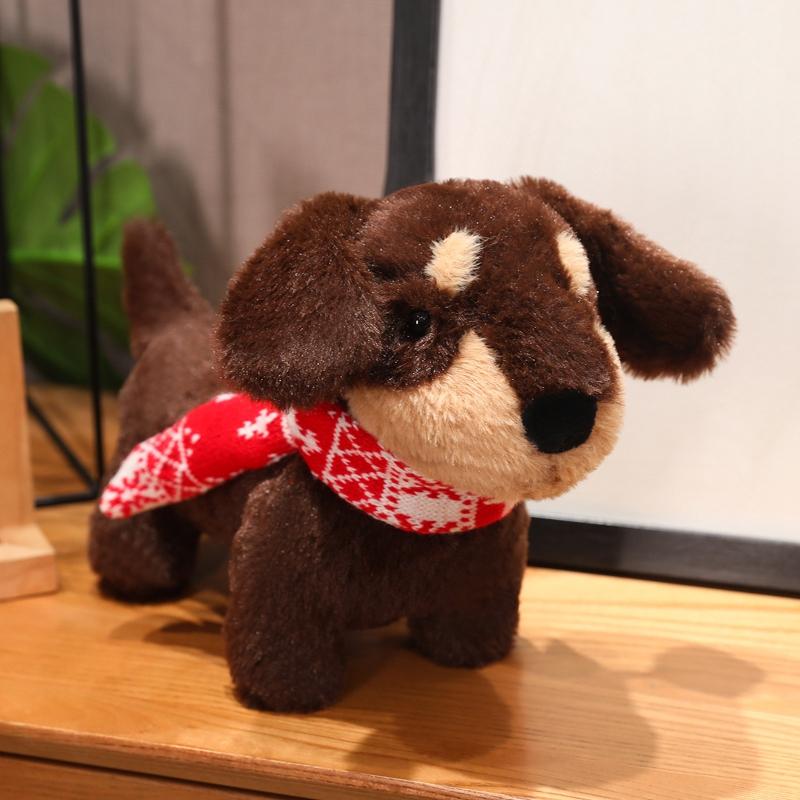 

Non-Toxic 40Cm Simulated Dachshund Puppy Dressed Red Scarf Plush Toy Brown Black Long Body Dog Standing Animal Plushie Birthday Gift