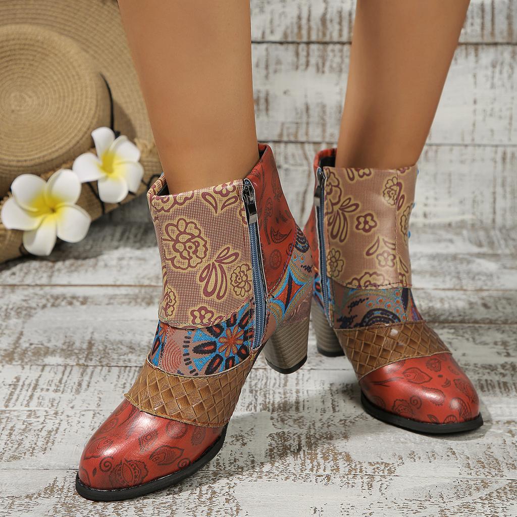 Large size European, American Bohemian women's Martin boots ethnic style casual retro high-heeled short leather boots