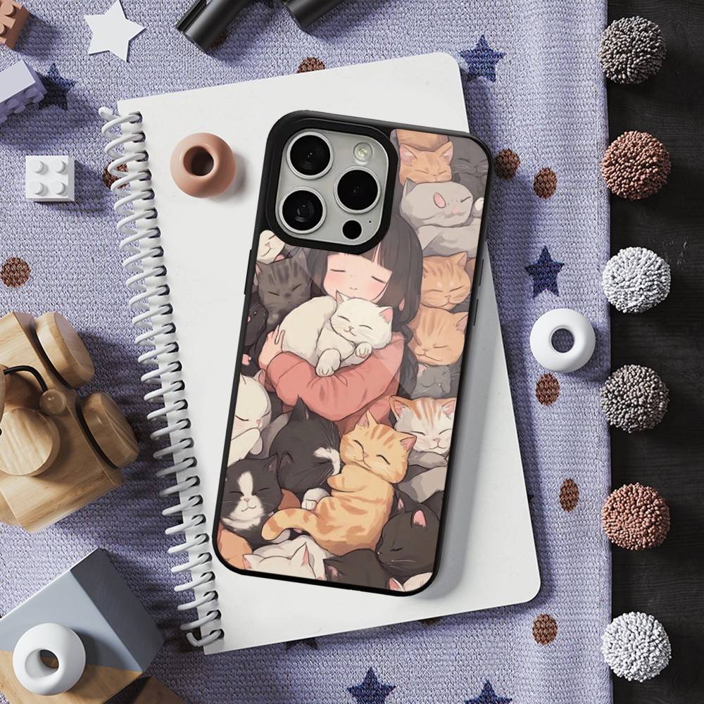 Cute Art Cat Cartoon Phone For iPhone 17,14,11,15,16,13,12,Pro,Max,For Magsafe,Plus,Mini, Magnetic Wireless Charging Case