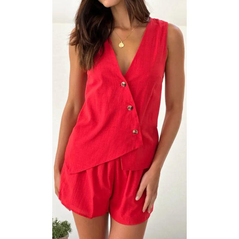 

Fashion Summer Pure Color Shorts Casual V-neck Vest Waist-Tight Suit Solid Color Shorts Set Red S