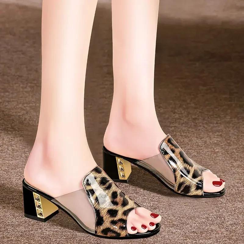 Fashion 2025 Women's Slippers Peep Toe High Heels Summer New Wear Square Heel Women Shoes Fashion Slippers Lady Shoes Footwear