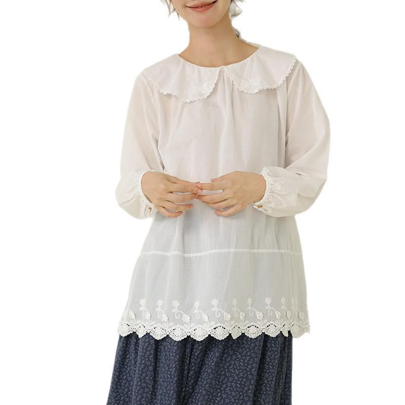 Mori Girl Cotton Lace Embroidery Top - Long Sleeve Babydoll Undershirt