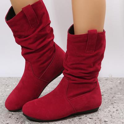 Womens Heel Boots Mid Calf Womens Fashion Solid Colour Simple Round Toe Suede and Leather Surface Flat Bottom Boots