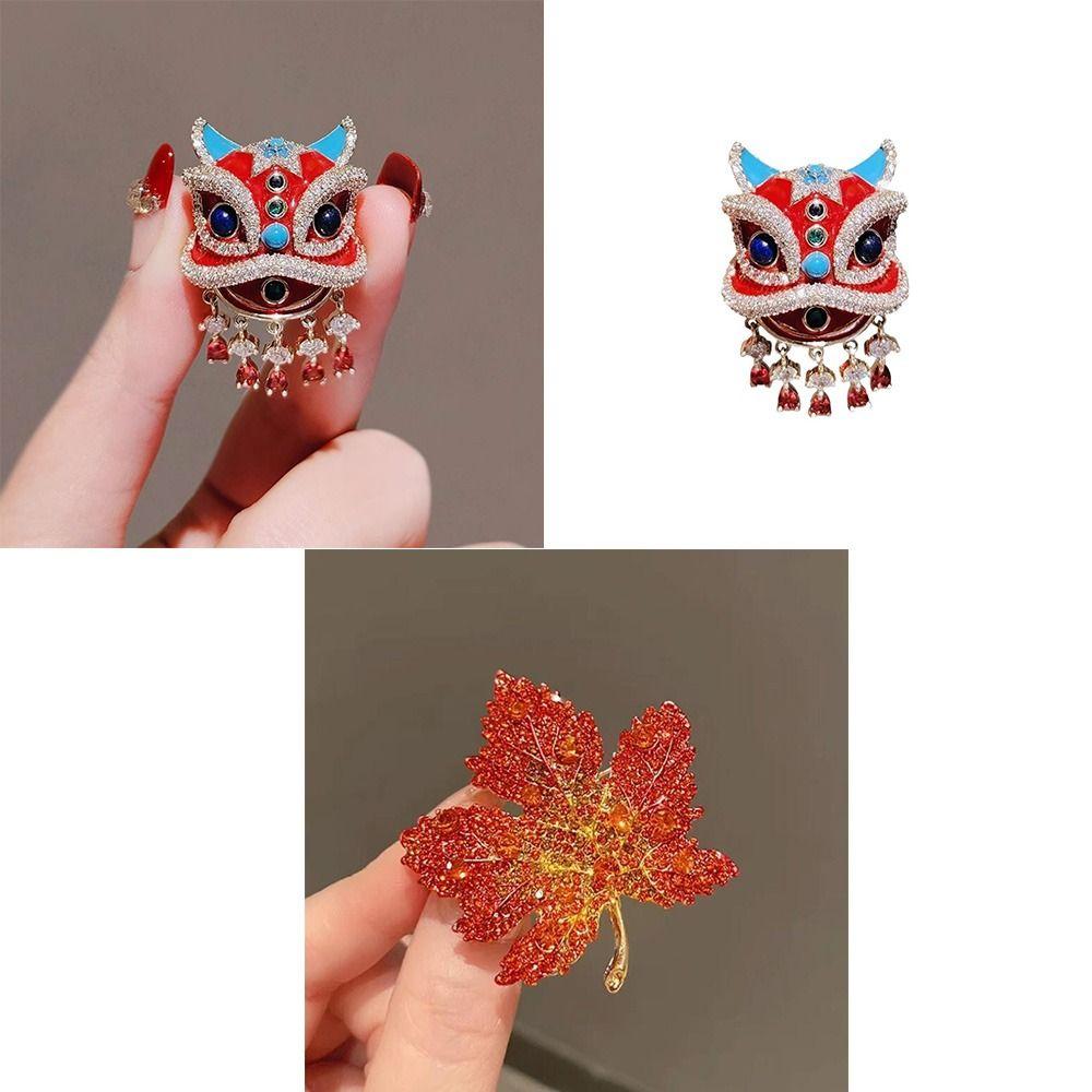 Zinc Alloy Lion Brooch Red Orange Chinese Style Maple Leaves Brooches Lion Maple Leaves Multi-Functional Coat Pin Corsage