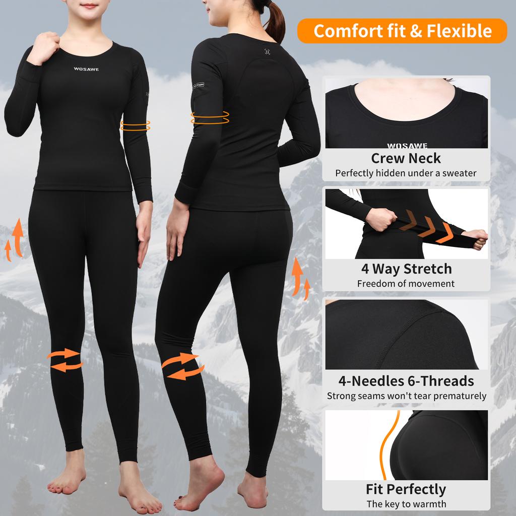 WOSAWE Women Motorcycle Thermal Fleece Underwear Autumn Winter Sexy Ladies Intimates Compression Base Layers Shaping Tops Bottom