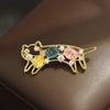 Temperament Niche Sweet Colored Diamond Inlaid Stretching Kitten Brooch Cute Versatile Animal Pet Pin Female