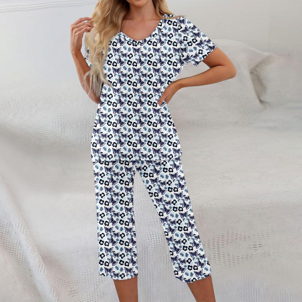 2 Piece Sets For Women Short Sleeve Top And Pants With Pockets Workout Soft Floral Print Sets