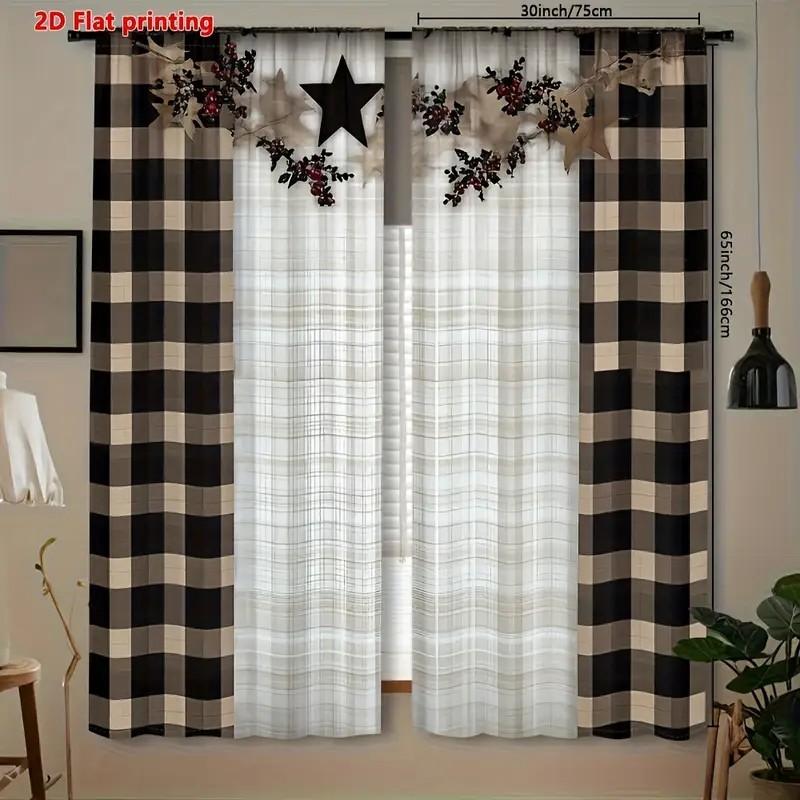 2pcs Plaid Star Design Curtains   Room Darkening Fabric Rod Pocket Curtain   Christmas Window Decor   Farmhouse Decor