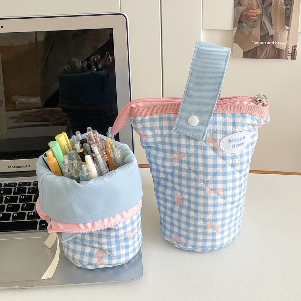 Karierte Schleife Federmäppchen für Damen Kontrastfarbe Lässige Tasche für Schülerinnen Kosmetiktasche Tragbare Aufbewahrungstasche für Damen Reise Clutch