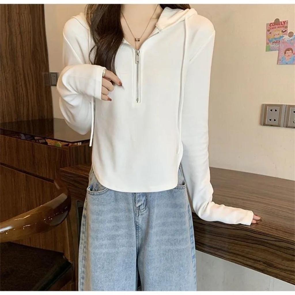 Women‘s Hooded Long Sleeve Half Zip Slim Fit Pullover Top Casual Solid Basic Tee