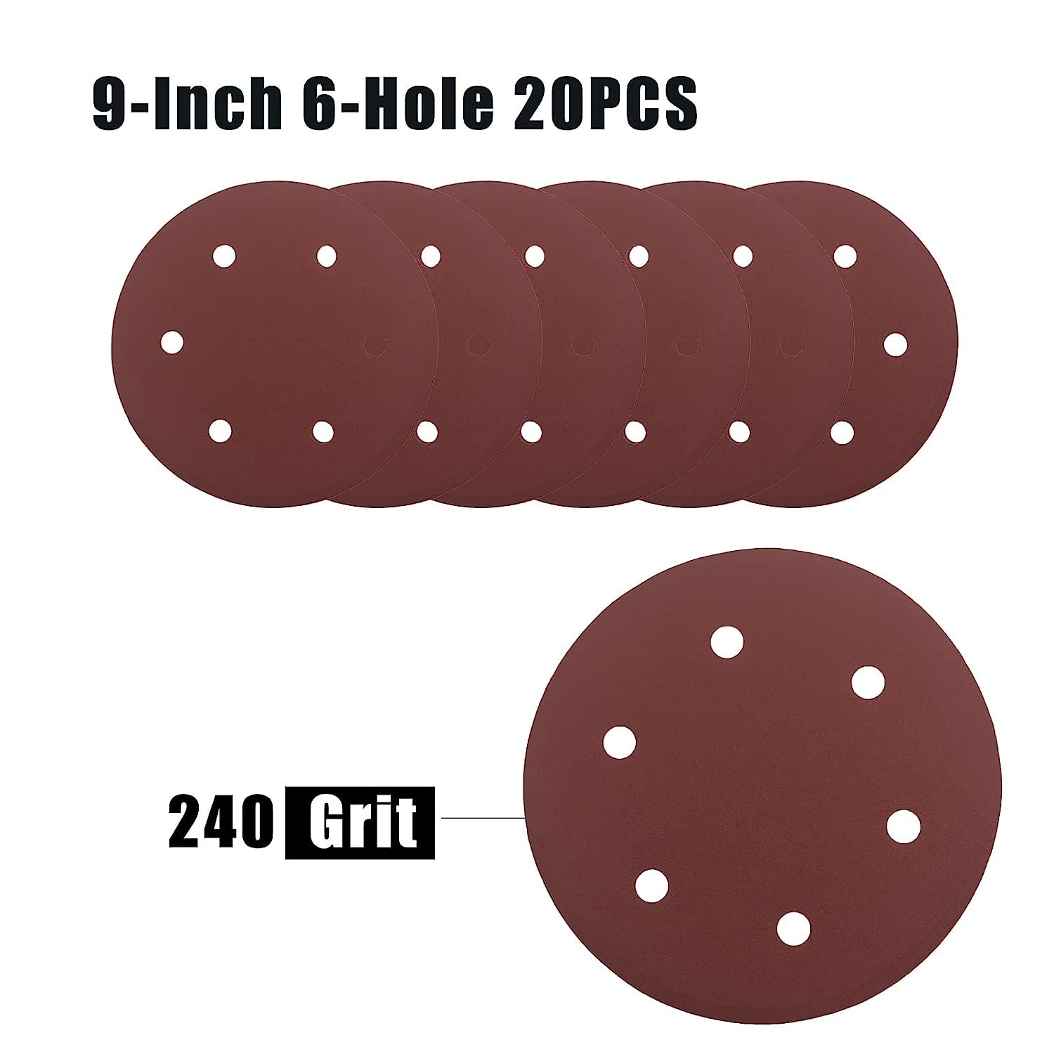 

20 шт. шлифовальной бумаги на липучке, 9 дюймов 6 отверстий, набор шлифовальных дисков, шлифовальная бумага разной зернистости(40/60/80/100/150/180/240) 9Inch-240-20PCS