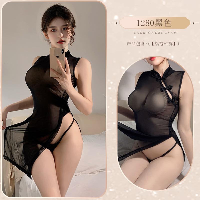 Sex underwear cheongsam spice girls sexy pajamas high split cheongsam pure desire sexy mesh see-through robe free women