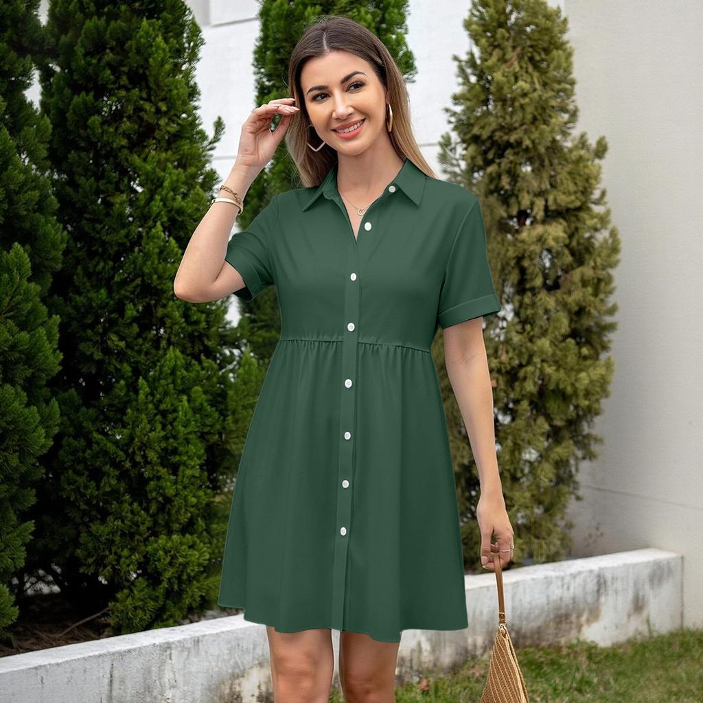 Women Short Sleeve Shirt Dress Button Down Collared Loose Fit Casual Mini Dress with Pockets Summer Style