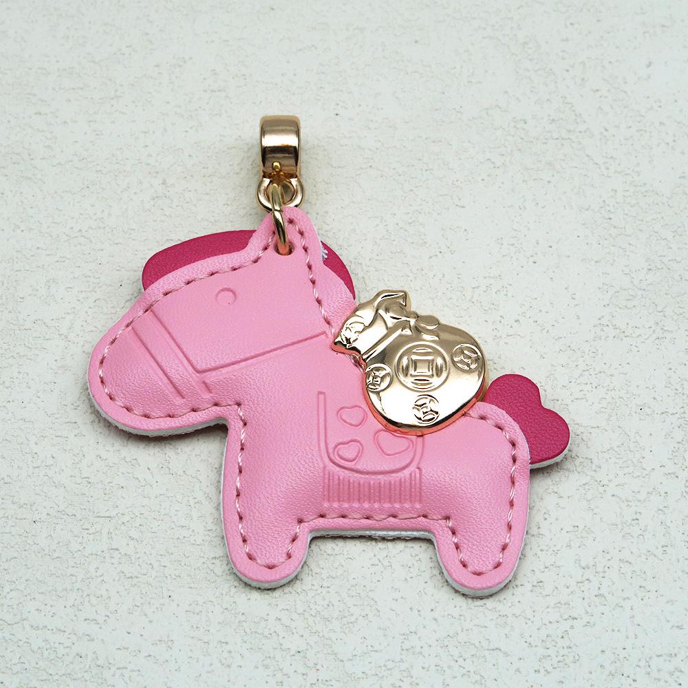 Handmade Genuine Leather Horse Keychain with Anti-Lost Lanyard and Woven Rope.