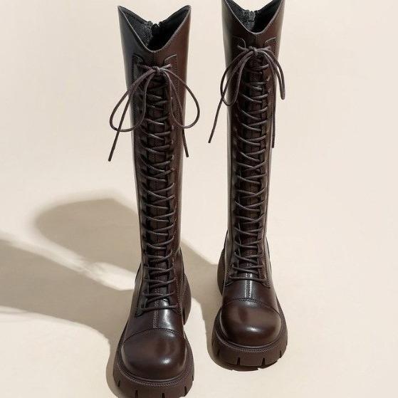 2024 New Boots Women's Spring, Autumn and Winter V-mouth Skinny Versatile Thick Heel Thick Bottom Brown Tall Boots Knight