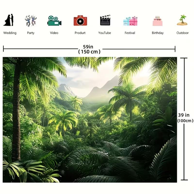 2D Flat Printing Tropical Rainforest Tapestry with Lush Palm Trees, Misty Mountains and Sunlight