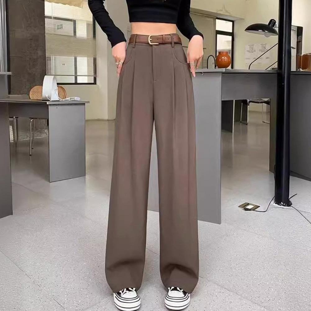 Women Long Pants Button Zipper Fly High Waist Office Lady Trousers with Pockets Solid Color Straight Wide Leg Suit Pants
