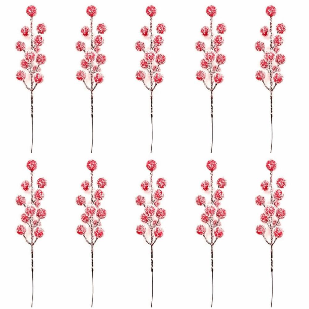 10 Stück DIY Rote Beeren Zweig Schneegefrostet Realistisch Weihnachtsbaum Anhänger Kranz Dekoration Wiederverwendbar Künstliche Pflanze Heimdekoration