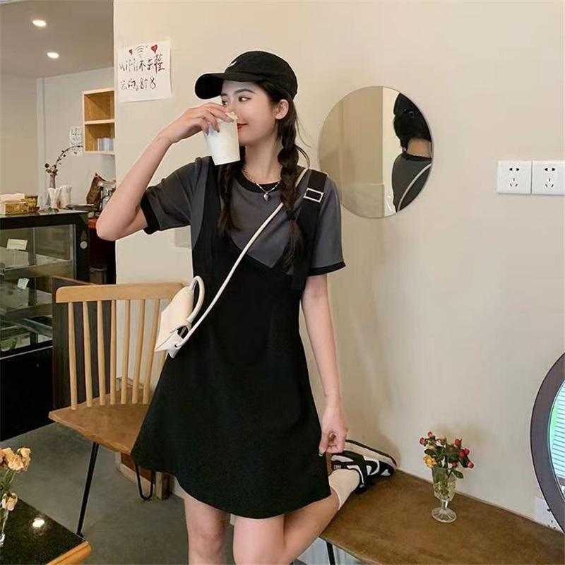 Women's Plus Size Fake Two-Piece Dress Black White Colorblock Casual Summer Short Sleeve A-Line Sundress