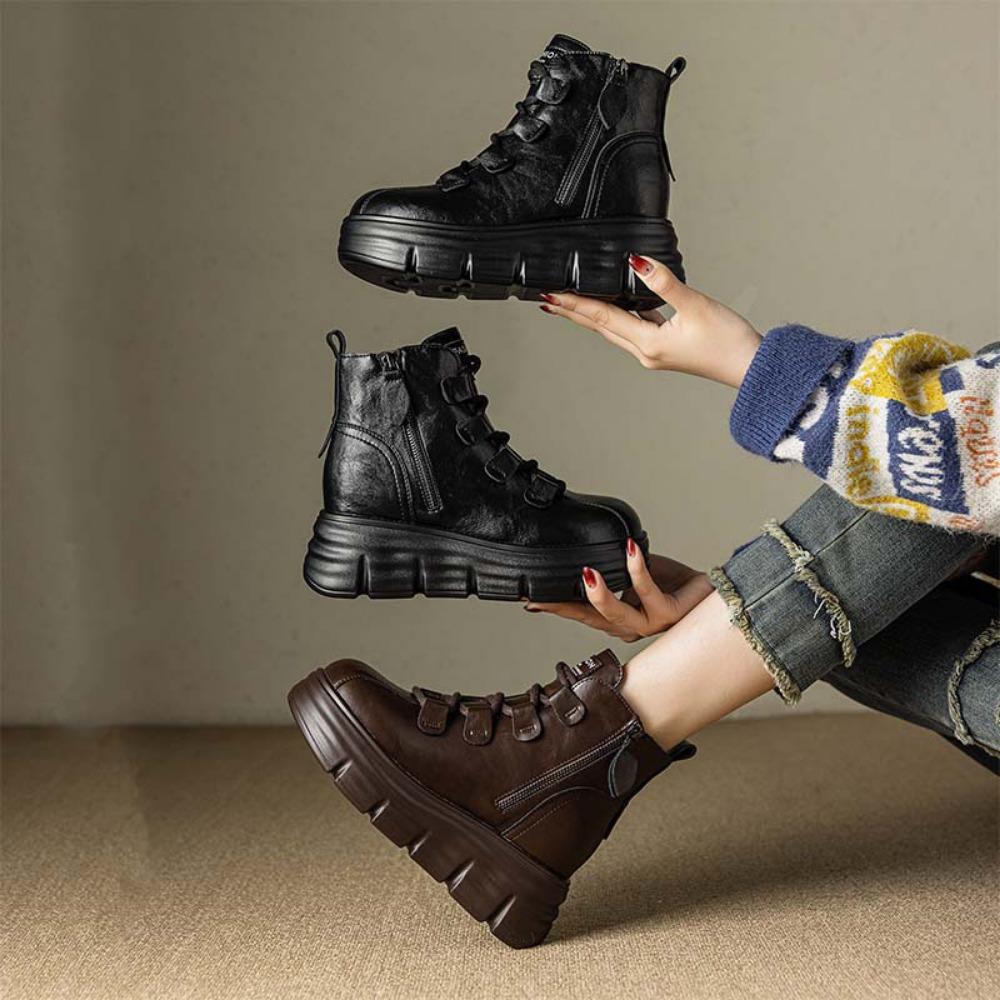 Heightening Boots Women's Autumn Winter New Velvet 8cm Platform Short Boots Retro Versatile High Top Shoes Brown Platform Shoes