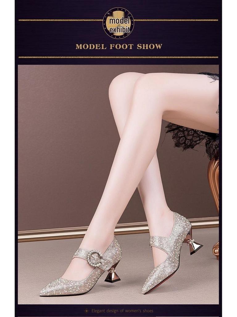 2025 Women's Chunky Heel Pointed Toe High Heels with Pearl Rhinestone Buckle