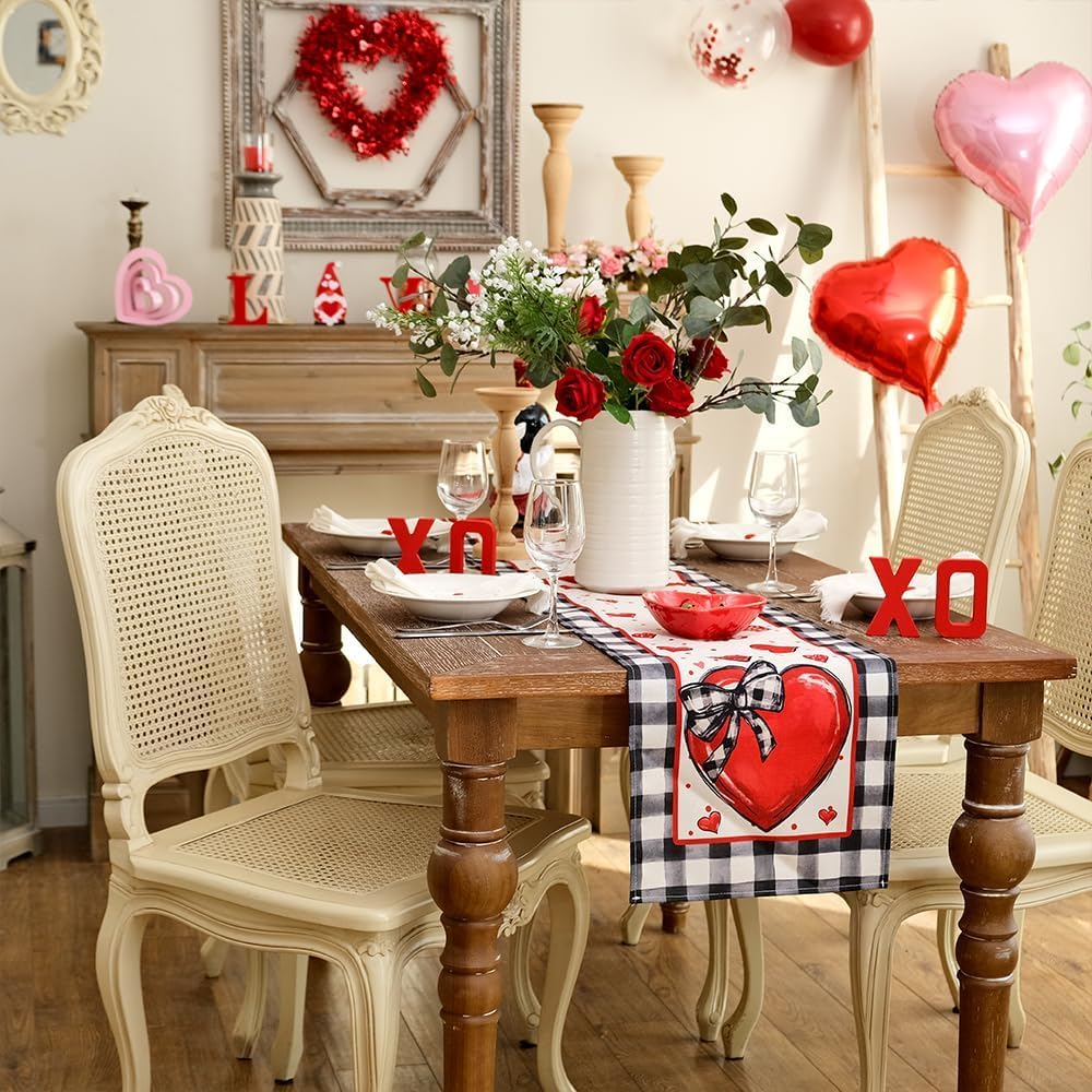 GEEORY Valentine's Day Table Runner 13 x 72 Inch, Red Hearts Polka Dots Decorative Farmhouse Table Decoration for Kitchen Dinning, Indoor Outdoor