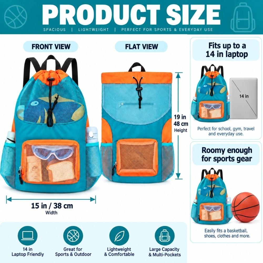 Breathable Mesh Kids Swim Backpack Quick Dry Drawstring Pool Sack Gym Activities