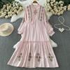 Women's Ethnic Style Embroidered Stand Collar Long Sleeve Maxi Dress for Summer