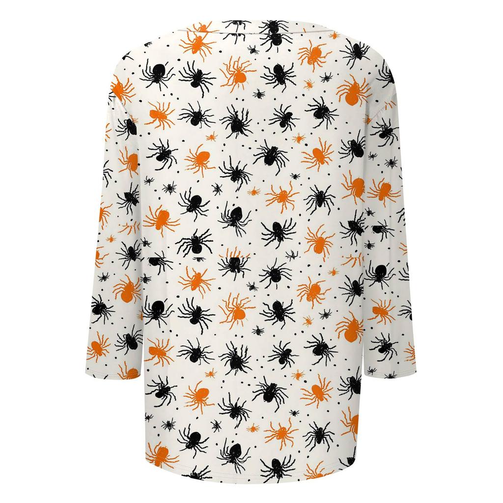Dámské módní ležérní tričko s tříčtvrtečním rukávem a halloweenským potiskem, s kulatým výstřihem