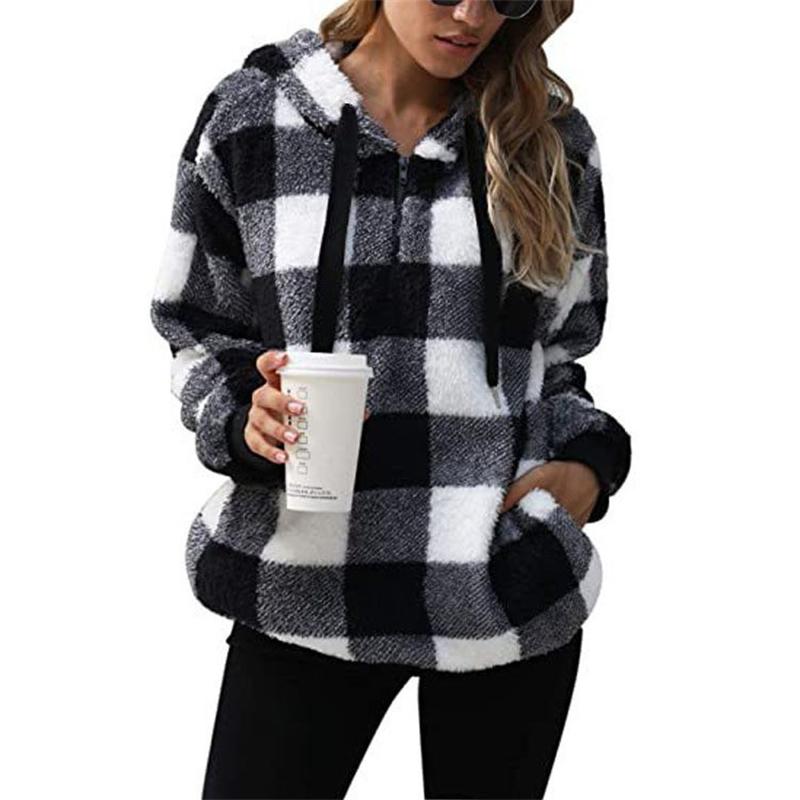 

Plush Jacket Autumn and Winter New Long Sleeved Hooded Plaid Plush Women s Hoodie XS