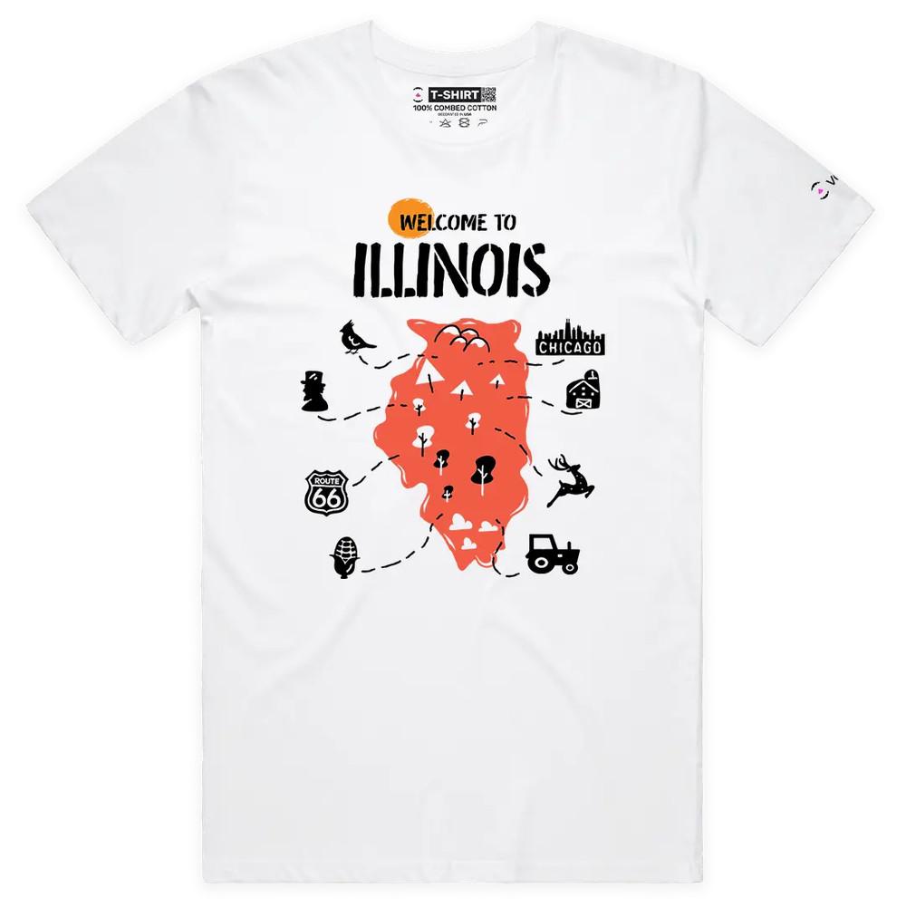 VOICEART Welcome to Illinois Geography Map Graphic T-Shirt with Premium Design M