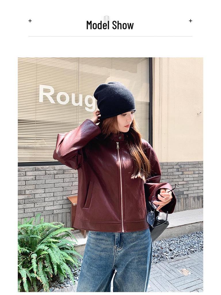 Jachetă Roșie Retro din Piele PU pentru Femei American Ankola - Modă Toamnă 2024