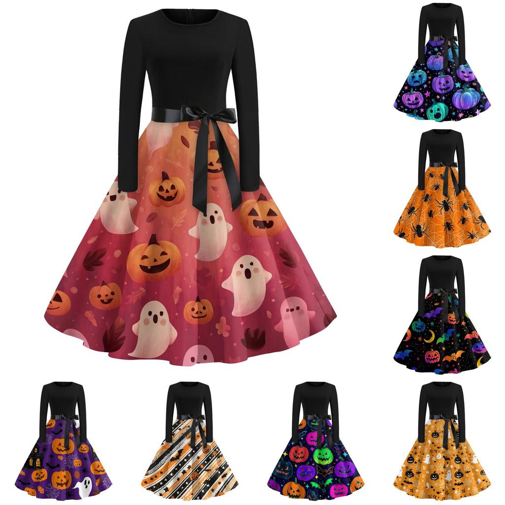 Womens Casual Long Sleeve Dress Halloween Print Round Neck Fit and Flare Midi Dress with Waist Tie and Full Skirt