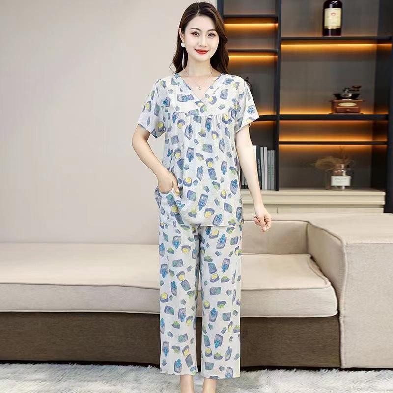 Damen Viskose Pyjama Set: Baumwoll- und Seidenmischung, Kurzärmeliges Oberteil, Lange Hose, Ideal für Mittelalte & Ältere, Sommer-Hauskleidung.