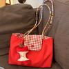 New Korean Large-capacity Red Shoulder Portable Plaid Canvas Bag Versatile Student Commuter Leisure Tote Bag Women