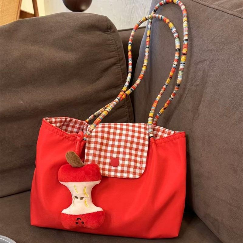 New Korean Large-capacity Red Shoulder Portable Plaid Canvas Bag Versatile Student Commuter Leisure Tote Bag Women