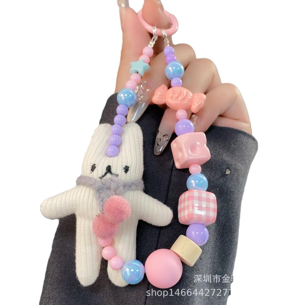 Cute Cartoon Rabbit Plush Phone Chain Handmade Beaded 3D Candy Phone Case Strap Adorable Keychain Pendant