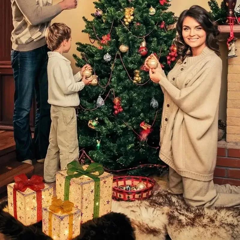 3PCS Set Christmas Gift Box Christmas Decor Luminous Bow Holiday Lighted Up Christmas Tree Holiday Party Indoor Outdoor Decor