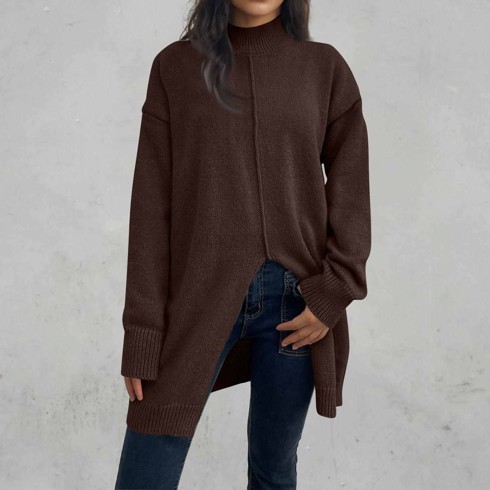 

24/5000 Женский однотонный свитер с полувысоким воротом, однотонный свободный свитер с длинными рукавами и круглым вырезом большого размера L кофейный