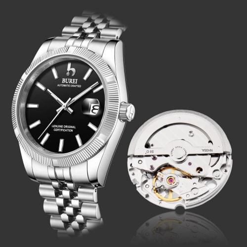 BUREI Men's Automatic Mechanical Watch, Waterproof, Analog, Popular for Business, Date Display, Black, Stylish, Simple, Luminous Watch
