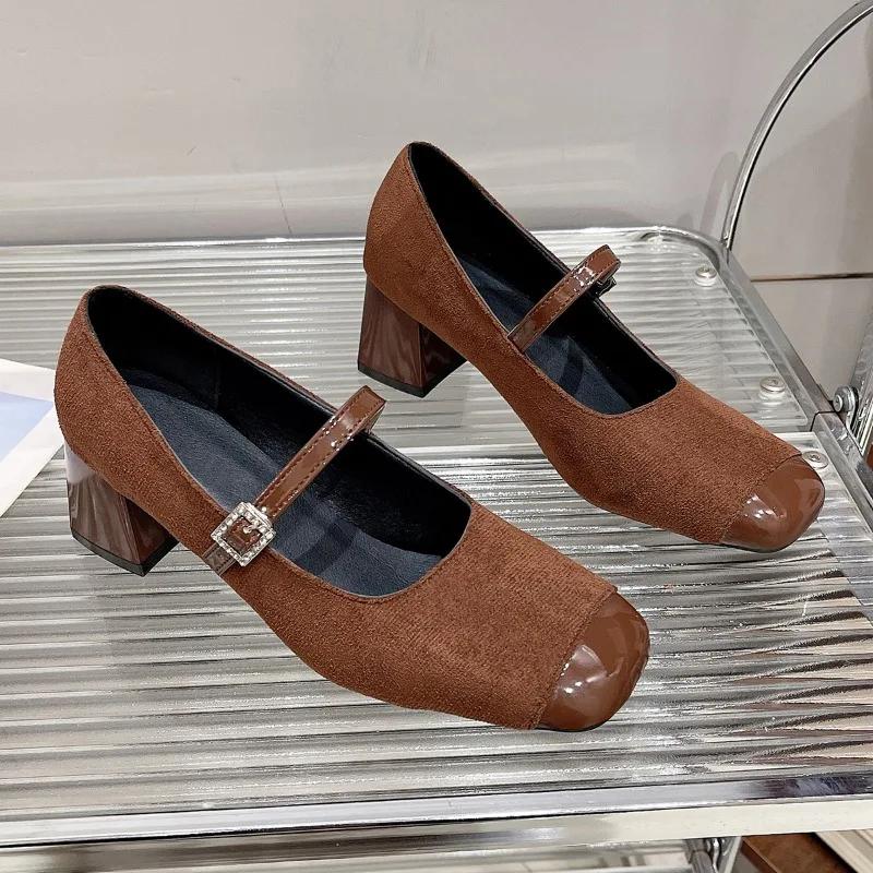 

Fashion Spring New Coarse Heel Shoes Women s Fashion Square Head Splicing Shallow Mouth Leopard Print Non-slip Low Top Shoes 41